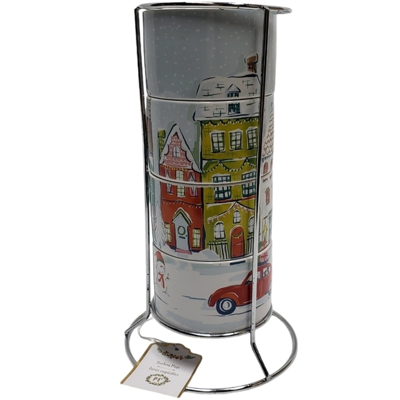 Pier 1 Stacking Christmas Village Winter Stoneware Mugs Set of 4 Metal S… - Picture 2 of 16